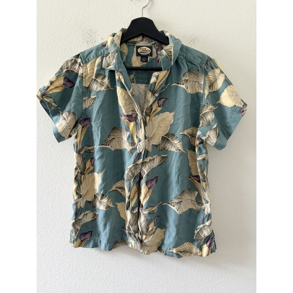 Tommy Bahama Womens S 100% Silk Tropical Floral Calla Lily Camp Shirt Blue Green